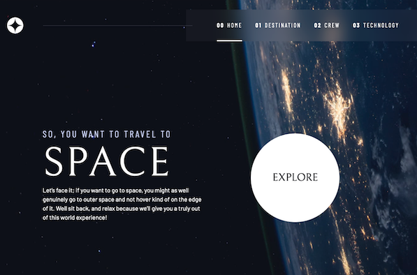 homepage of my space travel website designed for large screens.
