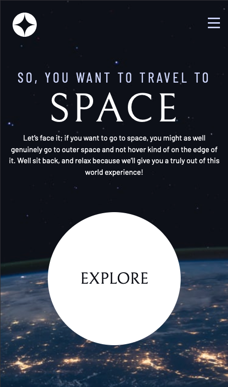 homepage of my space travel website designed for small screens.